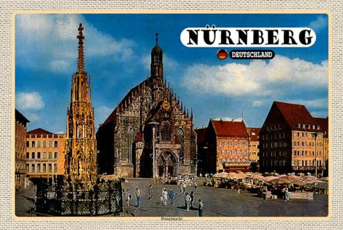 mrdeco Metall Schild 12x18cm gewölbt Nürnberg Hauptmarkt Gemälde Schild