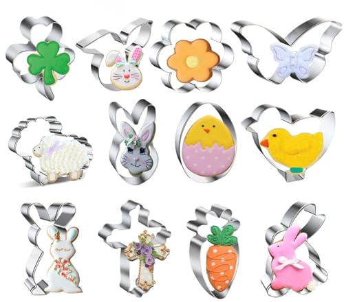 VIKY® Ausstecher Ostern Kinder,12 Stk Edelstahl Ausstechformen Ostern Set,Osterhase Keksausstecher,Ei Hase Schmetterling Plätzchenausstecher,DIY Kreativität Cookie Cutter,Ostern Kinder Backen Zubehör