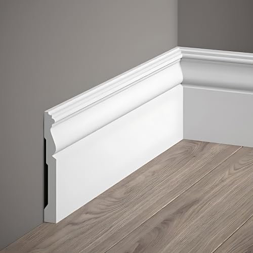 Decoration - Battiscopa Bianco in Polimeri Duri (Misure 200x12x1,5 cm) Zoccolo Facile da Installare su Muro e Pareti, Verniciabile e Resistente all'Umidità, Profilo Cucina, Bagno, Sala, Soggiorno