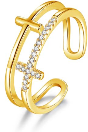 Bewenda Silber Damen Ringe, 925 Sterling Silber Doppelte Kreuz Ringe mit Zirkonia, Einstellbar Minimalistischer Knuckle Ringe, Einfach Daumenring Trendy Stapelringe, Gold Infinity Wickelring für Party
