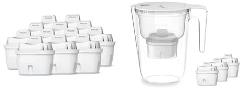 Philips Water Cartuchos de filtro de agua de repuesto, pack de 12 filtros, compatible con Brita & Filtro de jarra +3 cartuchos de filtro de repuesto Micro X-Clean, flujo rápido, blanco, 2,6 litros