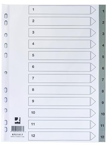 Q-CONNECT Trennblätter für Ordner A4/ 12-teilig/Polypropylen/Ordner Register für Ordner A4/ Für Zuhause, Schule, Büro/