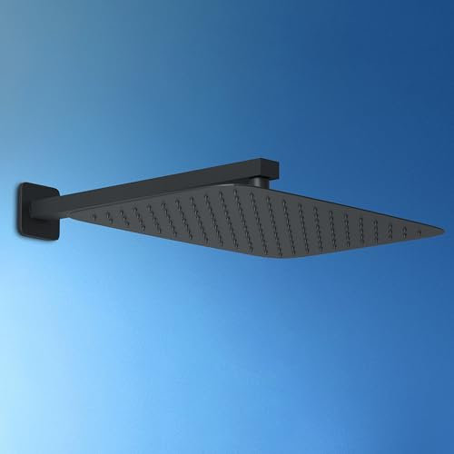 JOHO Kopfbrause Regendusche Duschkopf Brausekopf Einbauduschkopf aus 304 Edelstahl mit Bombenfester Brausearm Wandarm Duscharm 37cm Schwarz(35x25cm/37cm)