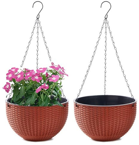 WOWEI 2 Piezas Macetas Colgantes para Plantas con Almacenamiento de Agua y Orificio de Drenaje Macetas de Autorriego Cesta Colgante Flores Suculentas Con Cadenas Inoxidables (Naranja, L)