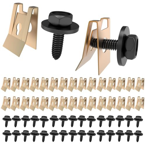 Yvyan 60 Stück Blechmutter Schraube Mutter Clip Kit, Feder Blechnmutter und U Typ Karosserieschrauben, Kotflügelclip Klemmen Sechskantschrauben Metallschalenclip für Auto