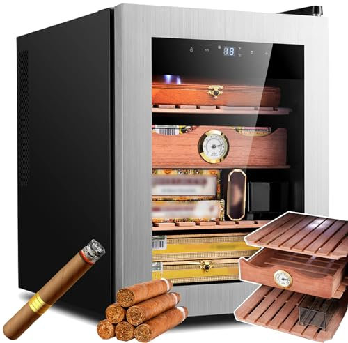 LNNLOO Elektrischer Zigarren-Humidor (33 L), Mit Trennwand Aus Zedernholz + LED-Beleuchtung, Dual-Core-Kühlung + Thermostatische Luftfeuchtigkeitskonstante, Kapazität Für 300 Zigarren,33L