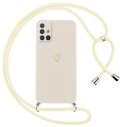Oelrstfe Handyband für Samsung Galaxy A51 4G Hülle mit Band Herz Motiv Handyhülle für zum Umhängen Silikon Stoßfest Ultra Dünn Weich Schutzhülle mit Kordel Necklace Kette Love Muster Case,Weiß