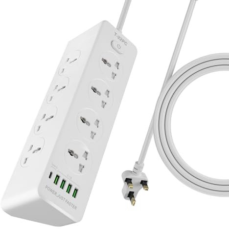 Extension Lead with USB Slots, 8 Way Universal Outlets Power Strip with 5 USB Ports, Surge Protection Extension Cable with 1.9M Extension Cord for Home, Office, Support QC3.0 + PD20W