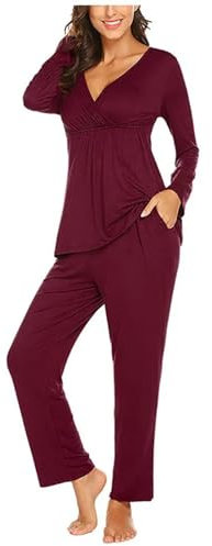 NaLatia Ensemble de Pyjama Maternité Coton Pyjama de maternité Couleur Unie Longue Vêtements de Nuit Grossesse Pyjama Chaud Allaitement
