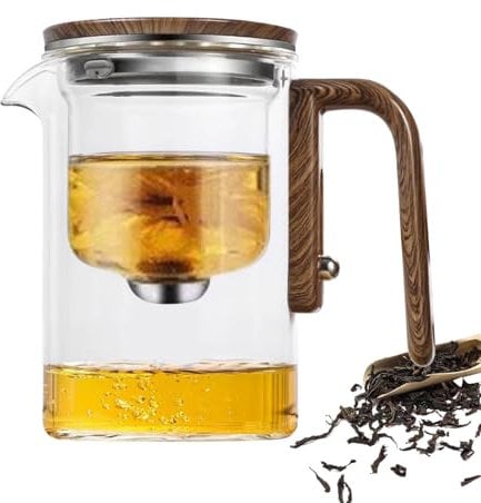 Vjeybv Water Separation Glass Teapot with Wooden Handle, Infuser, and Strainer - Enchanti Tea Pot, Press Control Magic Teapot, Housewarming Gift