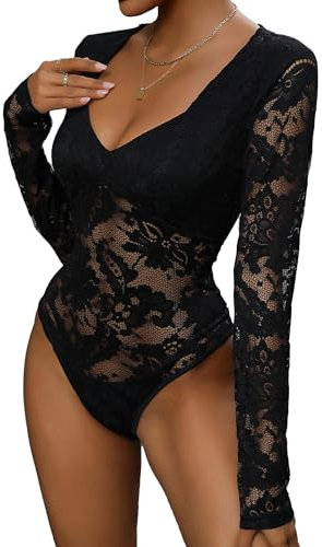Everbellus Women's Sexy Long Sleeve Bodysuit Sweetheart V Neck Body Suits Lace Blouse Tops Date Night Clubwear Black Large