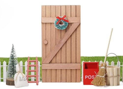 Odoria Miniatur Leiter Wichteltür Zubehör: 1/12 Maßstab Wichtel Briefkasten Weihnachten Kranz für Garten Rustikal - Mini Werkzeug Weihnachtsbaum Hexenbesen Holz DIY