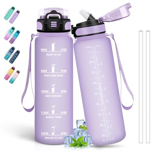 Gourde 1l, Gourde Sport pour Adulte, Gourde avec Paille Anti-Fuite, Gourde Motivation avec Slogan de Motivation, Gourdes de Camping et Randonnée, Facile à Nettoyer, pour Gym, Fitness, Cyclisme, Violet