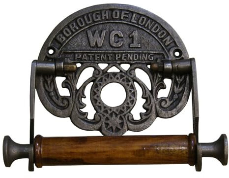 Fenzo Traditional Toilet Roll Holder Wooden Roller Victorian Railway Station Cast Iron Vintage Design Wall Mounted Loo Roll Holder, Elegant Touch, Easy Installation (Style 4)