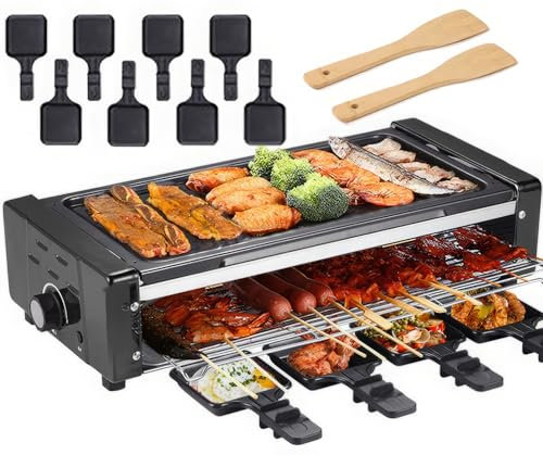 Raclette Grill Electric, Indoor Griddle Machine for Raclette Cheese Dishes Cooking Party - Electric Smokeless BBQ Grill with 8 Cheese Pans