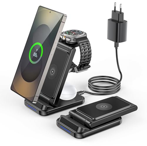 3 in-1 Wireless Ladestation für Samsung,Klappbare Ladestation mit Doppelspule, Überladeschutz & Tragbarem Design für Smartphones, Smartwatches & Kopfhörer
