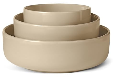 Amazon Basics Glazed Stoneware Serving Bowls, 3-Piece Set, Dishwasher-Safe, Microwave and Freezer-Safe, Nest for Space-Saving, Linen Gray