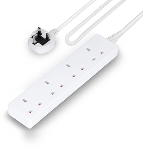 GEEPAS 4 Gang Extension Lead, 3M Cable | 4-Way Plug Extension Cable | 4 Socket Power Strip, 13A | Heavy Duty UK Plug | White
