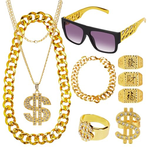 Rilcn 9PCS Hip Hop Costume Kit, Fancy Rapper Dress Set for Hallowen | Includes chunky gold chain, dollar sign necklace, bracelet, retro sunglasses and 5 adjustable rings for 80s 90s fancy dress