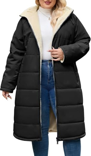 CMTOP Cappotto Donna Invernale Taglie Forti Lungo, Foderati in Pile Caldo Giubbotto Antivento Parka Elegante Classico Giacca Imbottito Giaccone con Cappuccio, Cerniera e Tasche