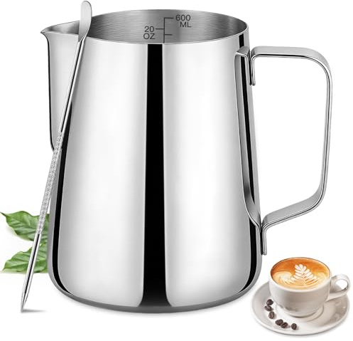 Milk Frothing Pitcher 20oz / 600ml – Stainless Steel Steaming Jug with Decorating Pen, Barista Milk Frother Cup for Latte Art, Cappuccino, Coffee