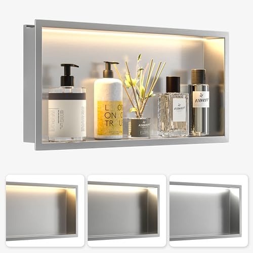 Bernkot Wandnische Dusche Edelstahl mit LED, 30×60×10cm, gebürstet | Einbau-Duschnische mit 3 einstellbaren Farbtemperaturen zur Badezimmeraufbewahrung, ideal für Badrenovierung