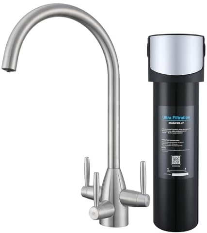 3 Way Kitchen Tap with Water Filter 304 Stainless Steel Mixer Tap Brushed | Hot, Cold & Filtered Water,Includes 3-Stage Filter,Triple Lever Mixer,360° Swivel Swan Neck,Separate Water Channels