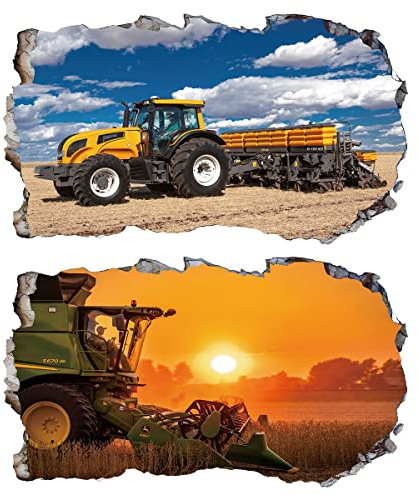 2Pcs Wandtattoo Traktor Trecker 3D Effekt XXL Farm Feld Landwirtschaft Wandaufkleber Fenster Selbstklebend für Junge Kinderzimmer Groß 1000mmx600mm v05