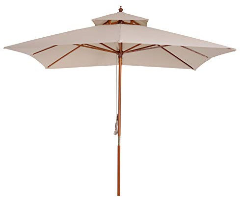 Outsunny Sombrilla de Jardín 3x3x3 m Parasol de Jardín de Bambú con Doble Techo Sistema de Polea Impermeable para Terraza Balcón Exterior Beige