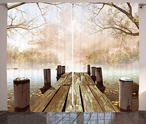 ABAKUHAUS Herbst Rustikaler Vorhang, Fall See in Wald, Wohnzimmer Universalband Gardinen mit Schlaufen und Haken, 280 x 245 cm, Braun Grün