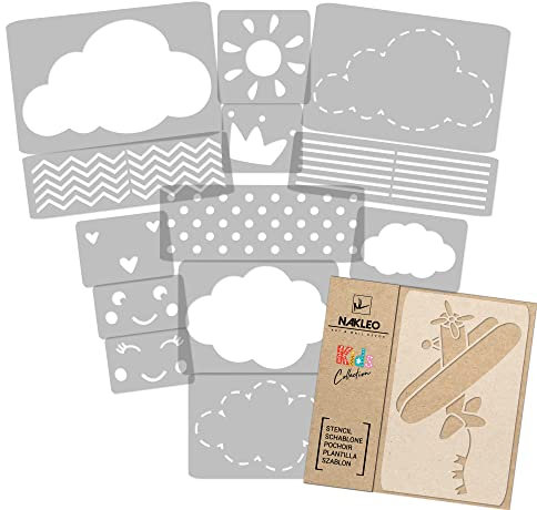 NAKLEO Schablonen Malen für Kinderzimmer, 14 Stück Set 9x12 bis 23x34cm Wolke Himmel, Wiederverwendbare Kunststoff Malvorlage Raumdekoration, Basteln DIY Wand Möbel Papier Stoff