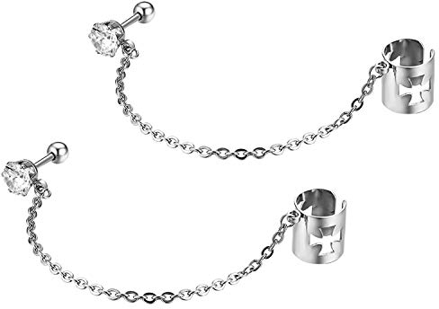 JewelryWe Schmuck Ohrklemme mit Kette Edelstahl Zirkonia Eisernes Kreuz Ohrringe Ohrclips Ohr Manschetten Fake Piercing Ohrstecker für Damen Herren Silber