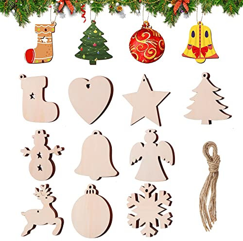 50 PCS Wooden Christmas Decorations Tree Hanging Ornaments with 50 PCS Twines,Wood Tags Ornaments Snowflake Star Sock Snowman Pendants for Christmas Tree Hanging Decor & Art Crafts DIY Gift (Colour 3)
