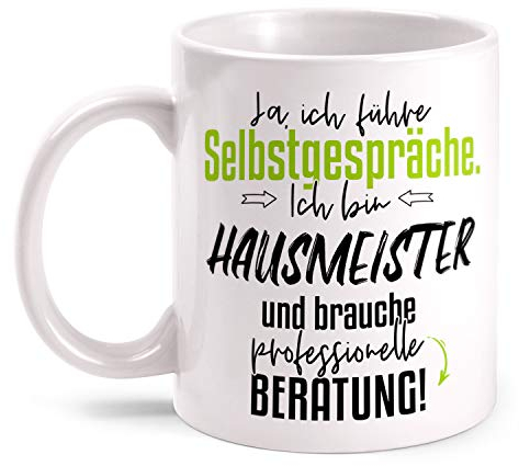 Fashionalarm Tasse Hausmeister - Ich führe Selbstgespräche beidseitig Bedruckt mit Spruch | Lustige Geschenk-Idee Kollege Arbeit Berufe-Tasse, Weiß 330 ml