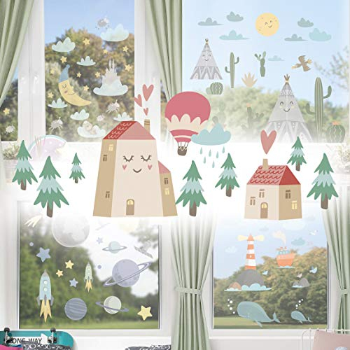 Fensterfolie Fenstersticker Top Kinder, Größe:80 x 60cm Leuchtturm und Wale