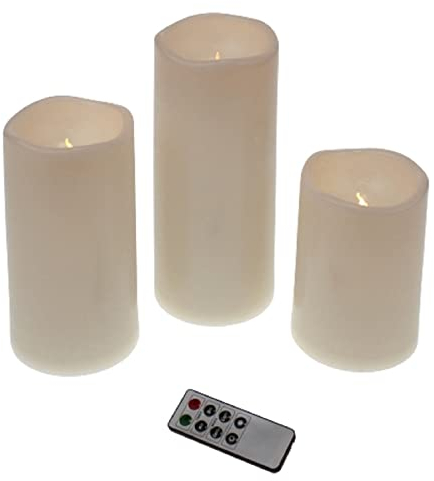 Voss 3er Set LED Outdoor Stumpen Kerzen weiß Deko Fernbedienung Creme Kerze Timer