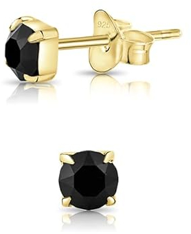 DTPsilver® WINZIGE Quadratischer Ohrringe 925 Sterling Silber Gelb Vergoldet mit Runde Kristallen von Swarovski® Elements - Sehr KLEINE Ohrstecker - Durchmesser 4 mm - Farbe : Schwarz