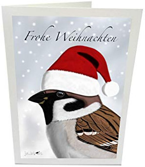 Spatz Weihnachtskarte mit Umschlag Vogel mit Weihnachtsmütze Weihnachtsgrüße Frohe Weihnachten
