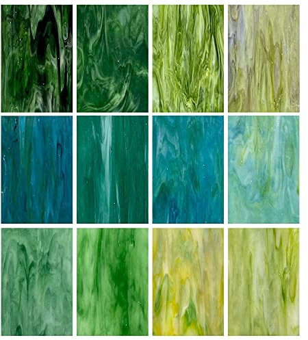 Unicoshape Lot de 12 Feuilles de Verre Vitrail, 15,2 x 10,2 cm, Cathédrale, Art, Carreaux de Mosaïque pour Travaux Manuels (Vert Mélangé)