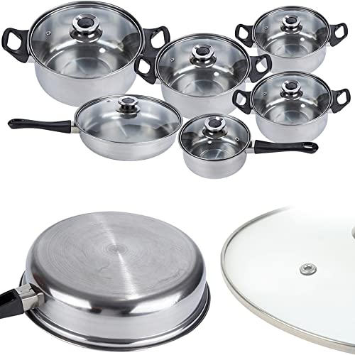 Retoo Topfset 12-teilig Kochtopf Set mit Glasdeckel Edelstahl Bratpfanne Kühlbleibender Griff Spülmaschinengeeignet Durchmesser 16/18/20/21.8/24/24 cm Silber