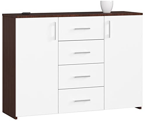 ADGO K45 Kommode mit 4 Schubladen und 2 Schränken 110x80x35cm, Klassischer Schrank mit Regalen für Schlafzimmer, Wohnzimmer, Kinderzimmer, Freistehend Platzsparend (Versand in 2 Packs) (Wenge/Weiß)