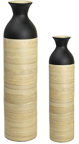 Bodenvase aus gesponnenem Bambus, zylinderförmig, glänzend, schwarzer Lack und natürliches Bambus-Finish, 2 Stück