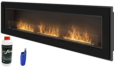 Chimenea de bioetanol de pared con cristal protector y marco negro semimate de acero inoxidable, marco de 180 cm con complementos.