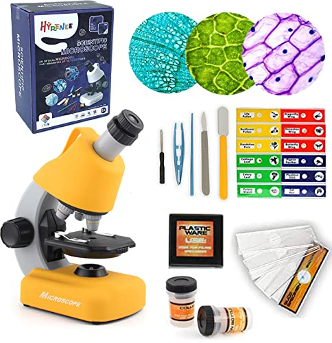 STEM Microscope pour Enfants débutants Sciences l'éducation 40X- 1200X Monoculaire avec Lumière LED Filtres colorés Tranches Lab Campus Education(Jaune)