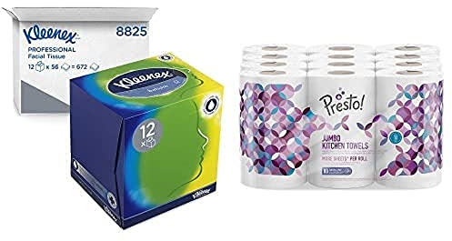 Kleenex Balsam Taschentücher Boxen, 3-lagig, 12 Packungen x 56 Kosmetiktücher, Ringelblume, Weiß, 8825 & Amazon-Marke: Presto! Jumbo Küchenrollen, 18 Rollen (18 x 80 3-lagige Blätter)