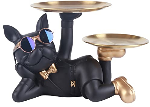 NUACOS FranzöSische Bulldogge Figur Coole Bulldog Skulptur Mit 2 Tablett Edelstahl,SchlüSsel Snack Halter,Home Desktop Ornament, Geschenkgeschenk FüR Hundeliebhaber (Schwarz)