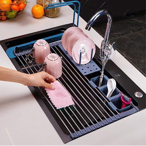 Bvcari Escurridor de platos expandible con soportes 3 en 1 para utensilios, cesta de fregadero y tapa de olla, estante enrollable para secar platos para encimera de cocina