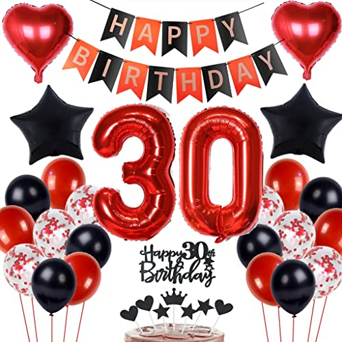 30 Geburtstag Deko Schwarzes Rot, Tortendeko 30. Geburtstag Dekoration Frau, Luftballon 30 Rot Schwarz Mann, Geburtstagsdeko 30 Jahr Frau, Tortendeko 30 Jahre