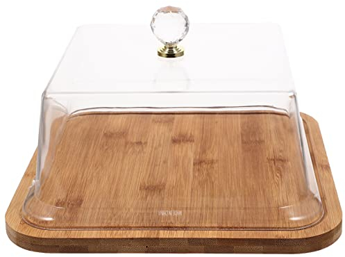 BESTonZON Wood Cake Stand with Dome Square Cake Serving Tray with Acrylic Lid Dessert Display Server Charcuterie Cheese Board for Birthday Wedding Holiday