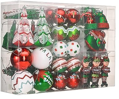 DecorbyHannah Weihnachtsschmuck-Set, 120 Stück, bruchsicher, rot, grün, weiß, Elfen-Motiv, Großpackung mit kleinem Baum, sortiert, dekorative hängende Kugel-Ornamente für Weihnachtsbaumschmuck